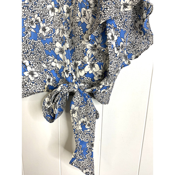 Parker Kory Blue Floral Waterfall Flutter Sleeve Wrap Blouse 100% Silk Size Med - Picture 6 of 9